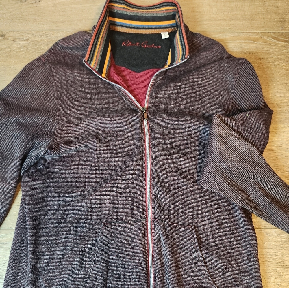 Robert Graham LARGE Gray/Burgundy Full Zip Cotton Sweater Jacket Knit Flip Cuffs